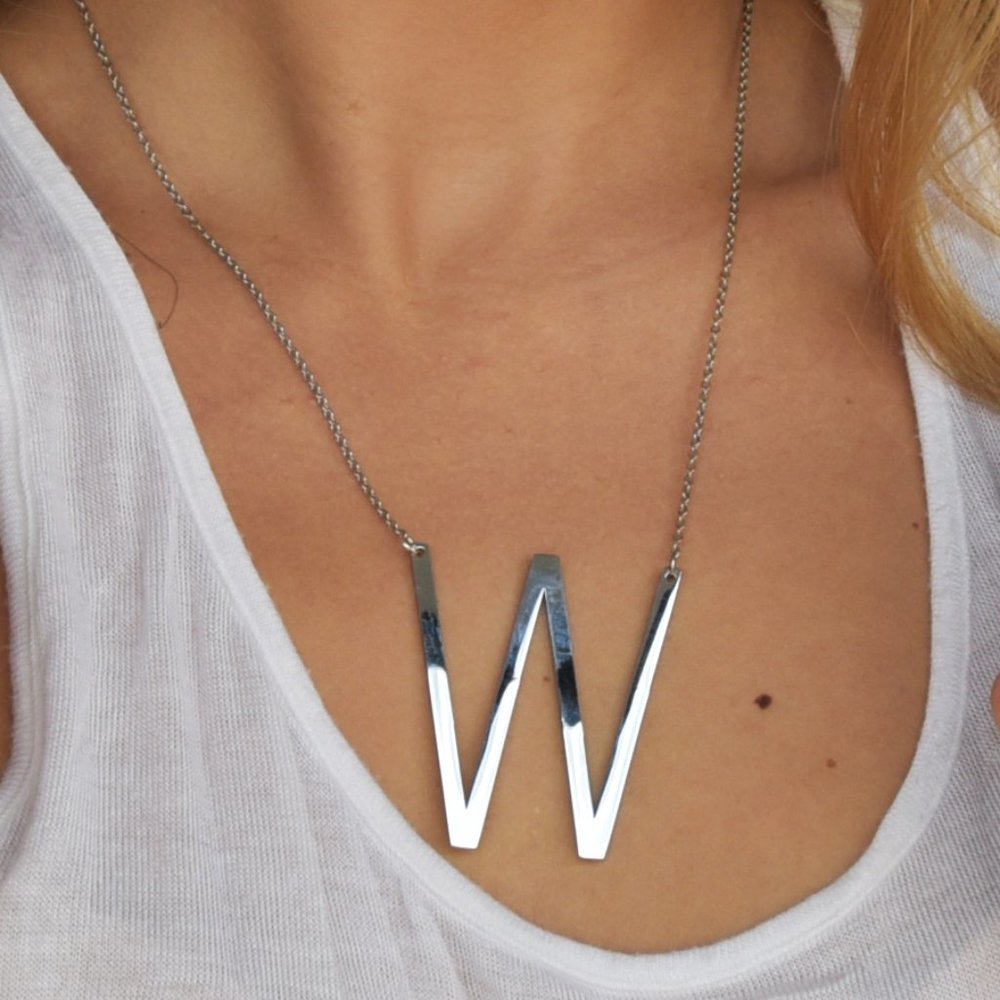 Free People Silver Alfabet Necklace Letter W 14K White God Pl Hypoallergenic